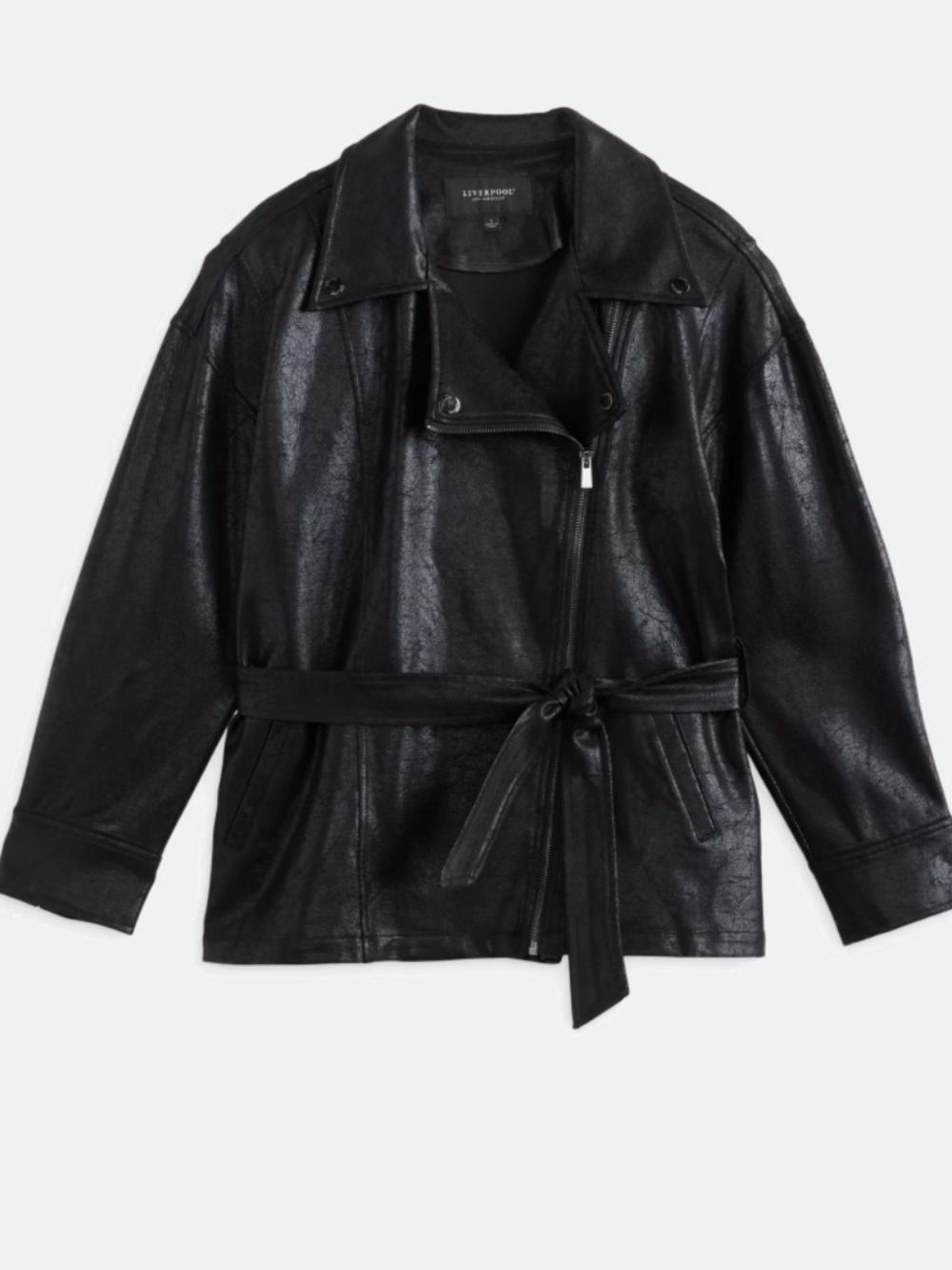 Liverpool Black Faux Leather Tie-Waist Trench Jacket